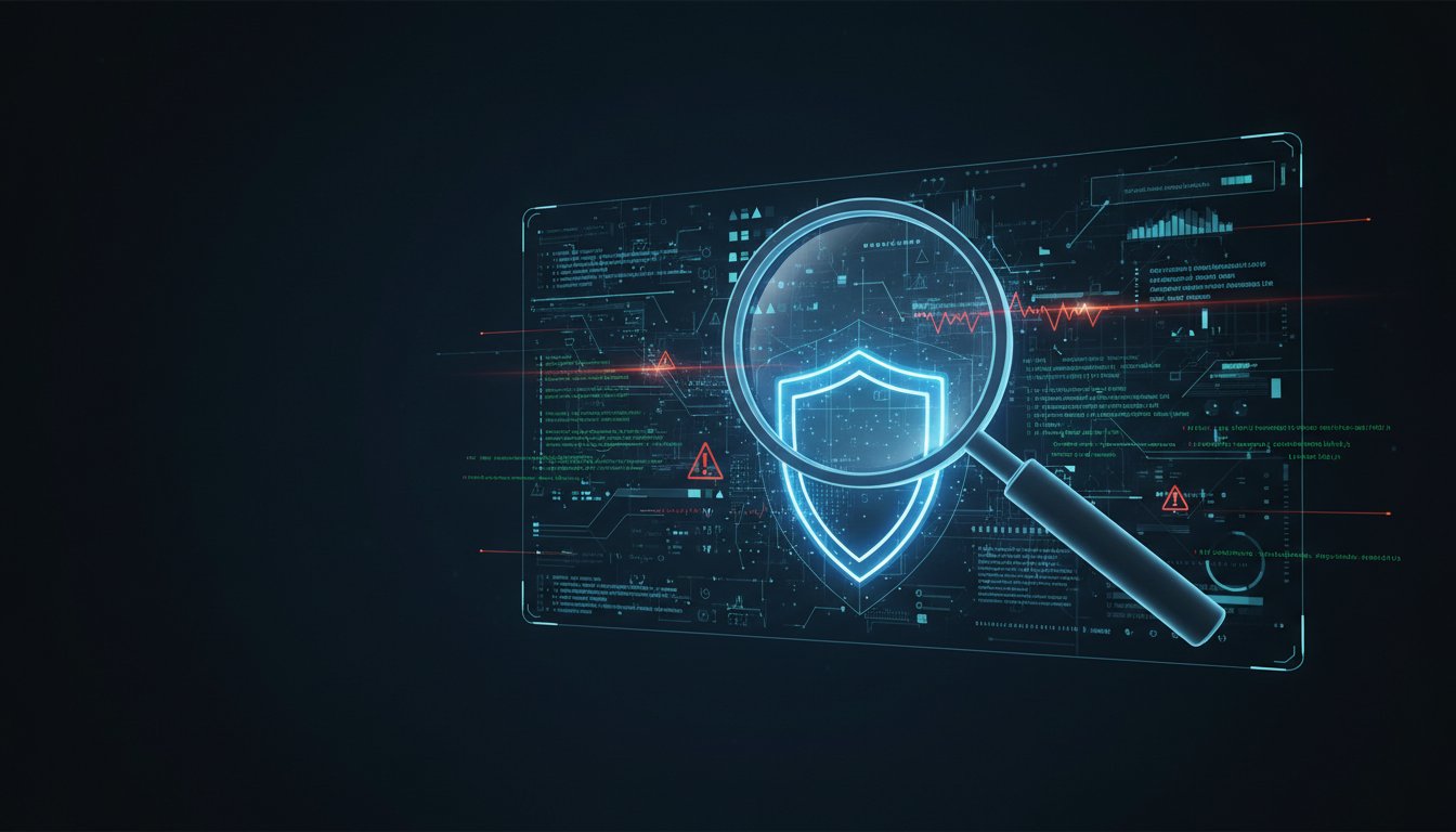 Auditoría de seguridad de WordPress con lupa y escudo sobre interfaz técnica