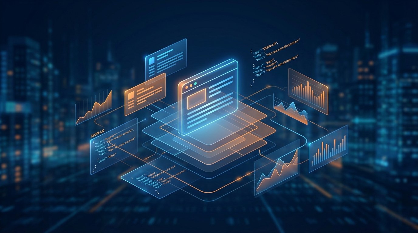 Diagrama corporativo de schema markup y capas semánticas para GEO sin personas.
