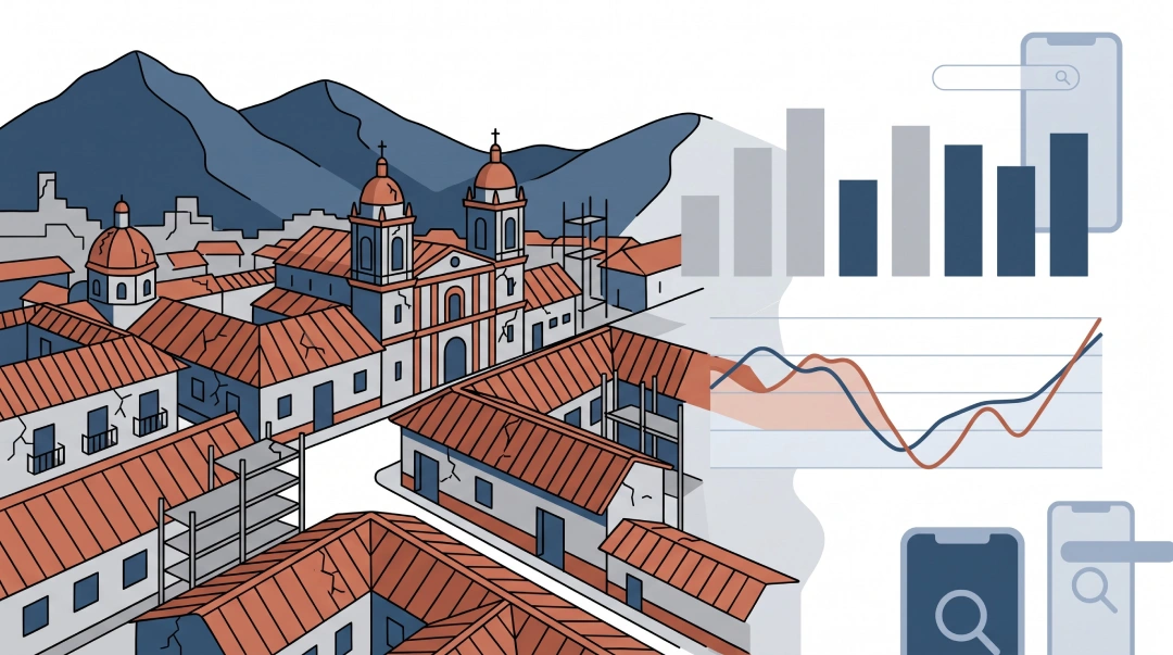 Ilustración editorial del impacto económico del terremoto de agosto de 2026 en Colombia, con dashboard de marketing digital superpuesto sobre una ciudad andina
